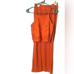 Olive + Oak Orange Crochet Knit 2 Piece Set Halter Crop Top & Midi Skirt  Resort